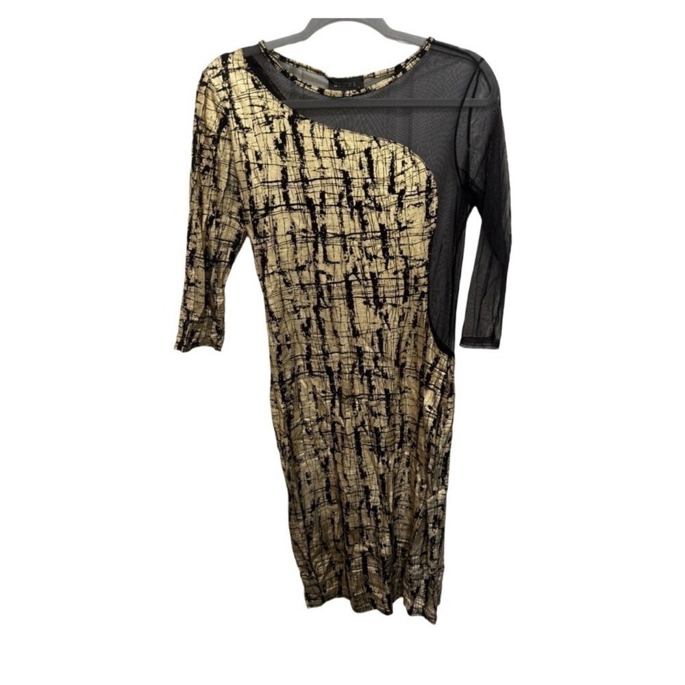 Club L London Black and Gold Abstract Sheer-Panel Long Sleeve Dress